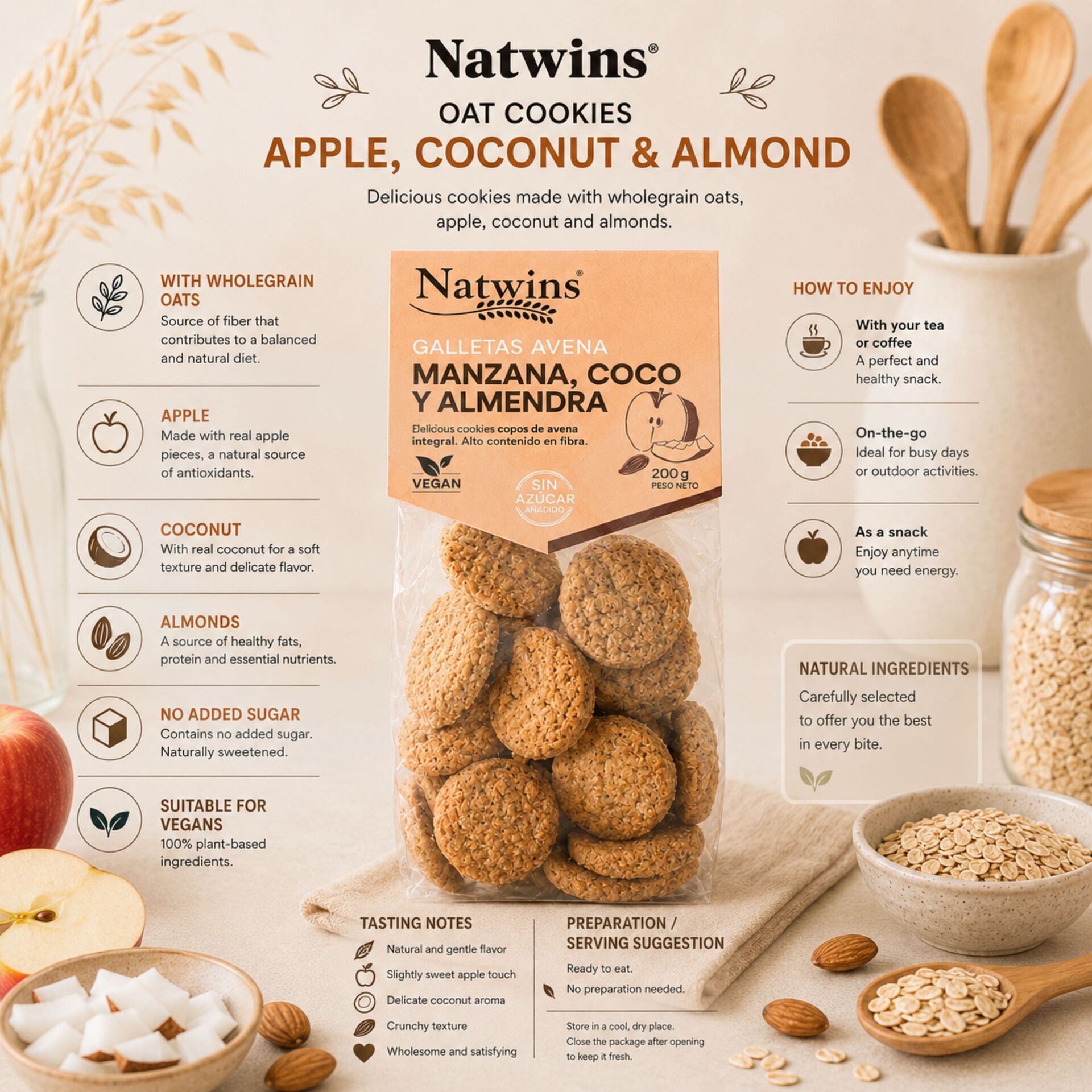 NATWINS® Keks Apfel-, Kokosnuss- Und Mandelkekse 200g