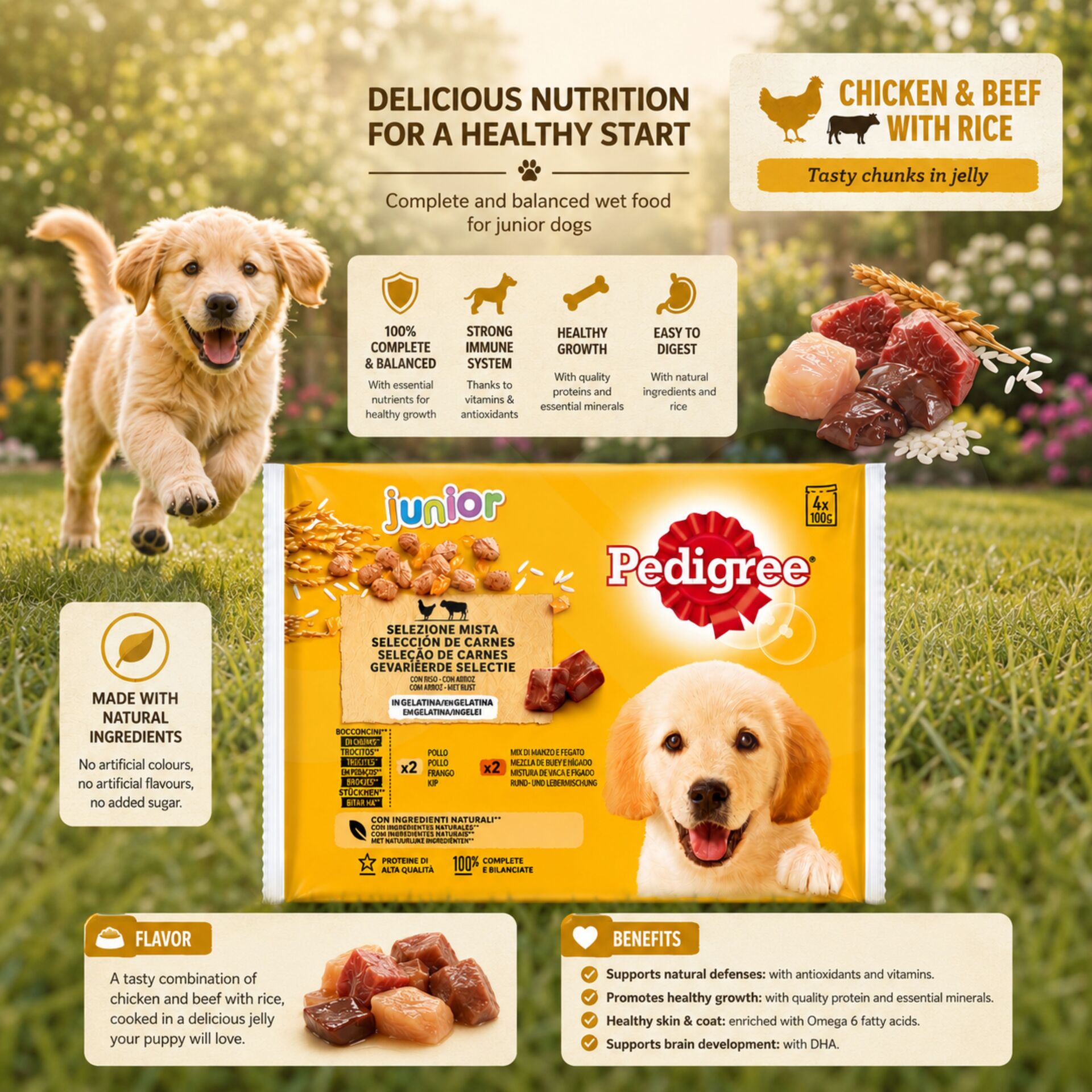 PEDIGREE® Junior Pollo e Manzo con Riso 4x100g