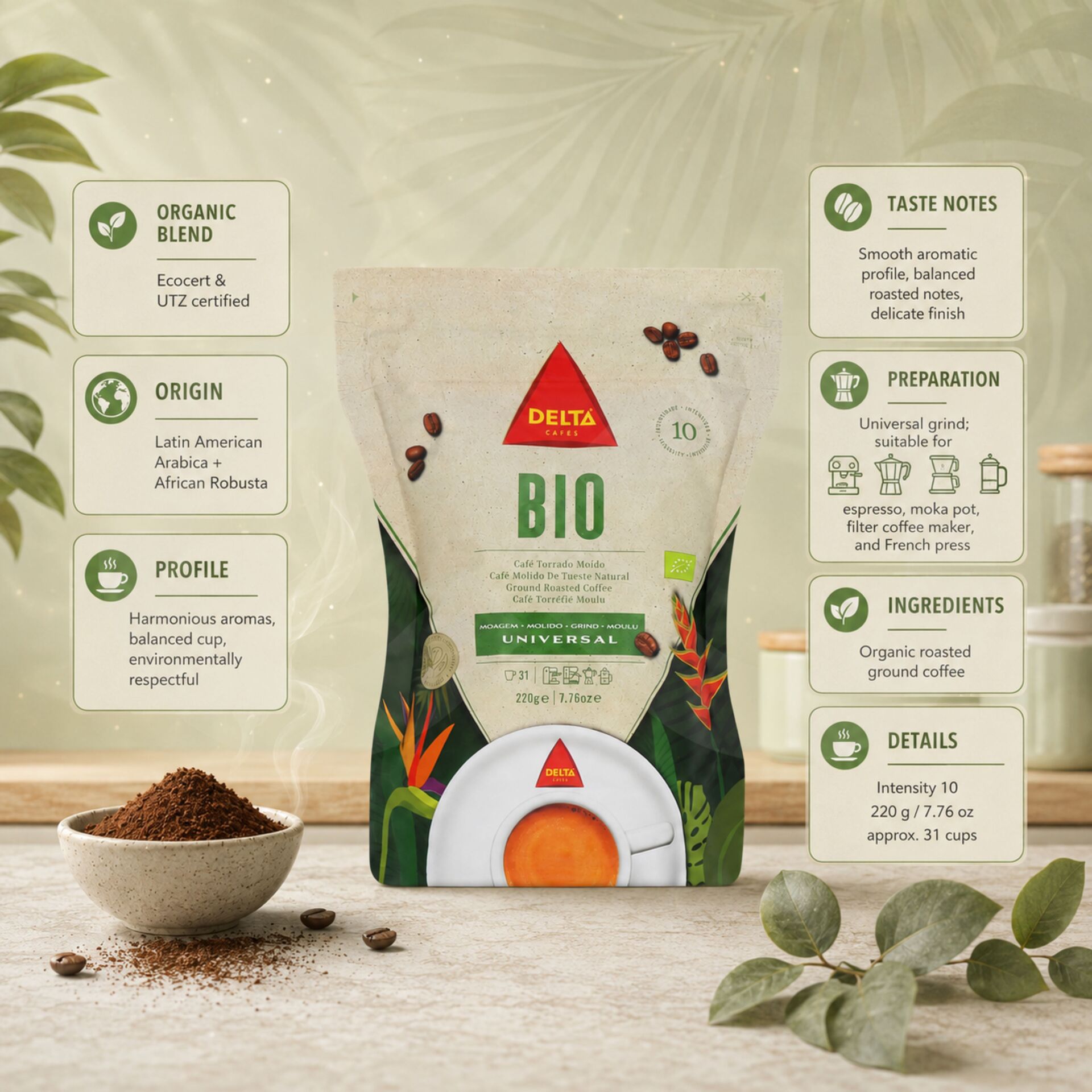 DELTA CAFÉS® Gemalen Koffie Bio 220g