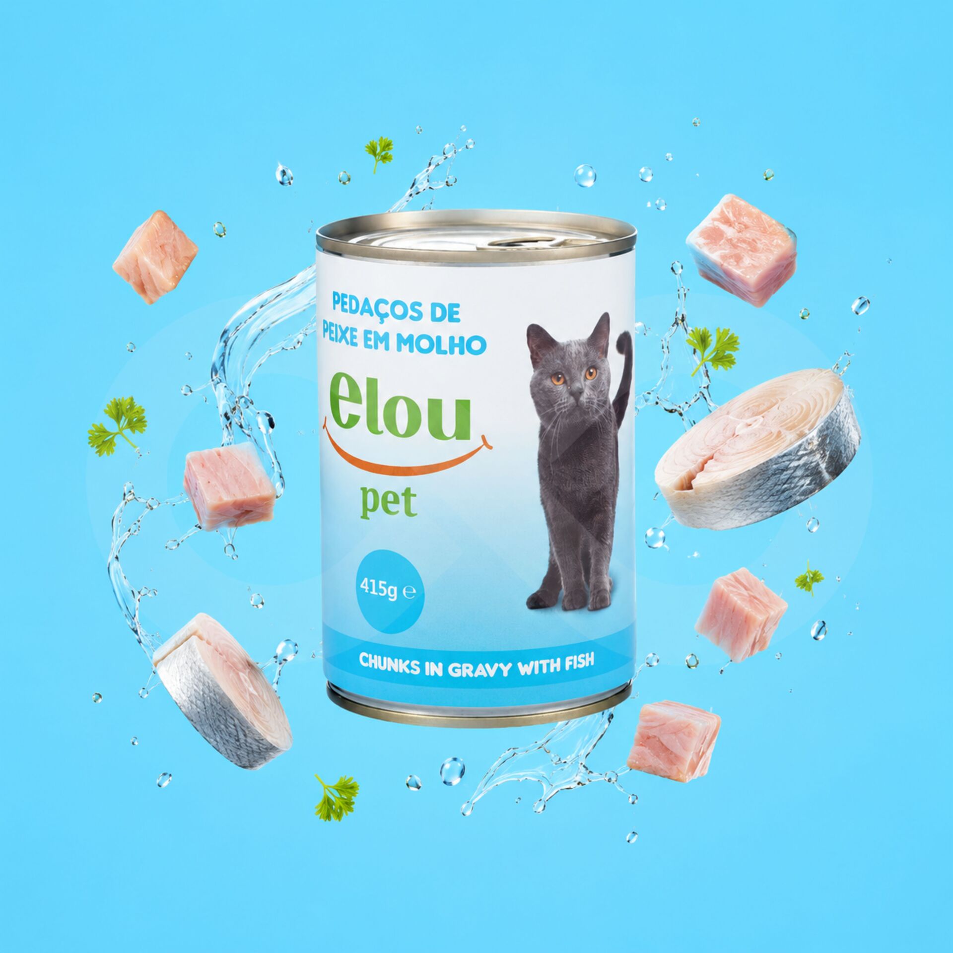 ELOU PET® Gato Pedaços de Peixe em Molho 415g