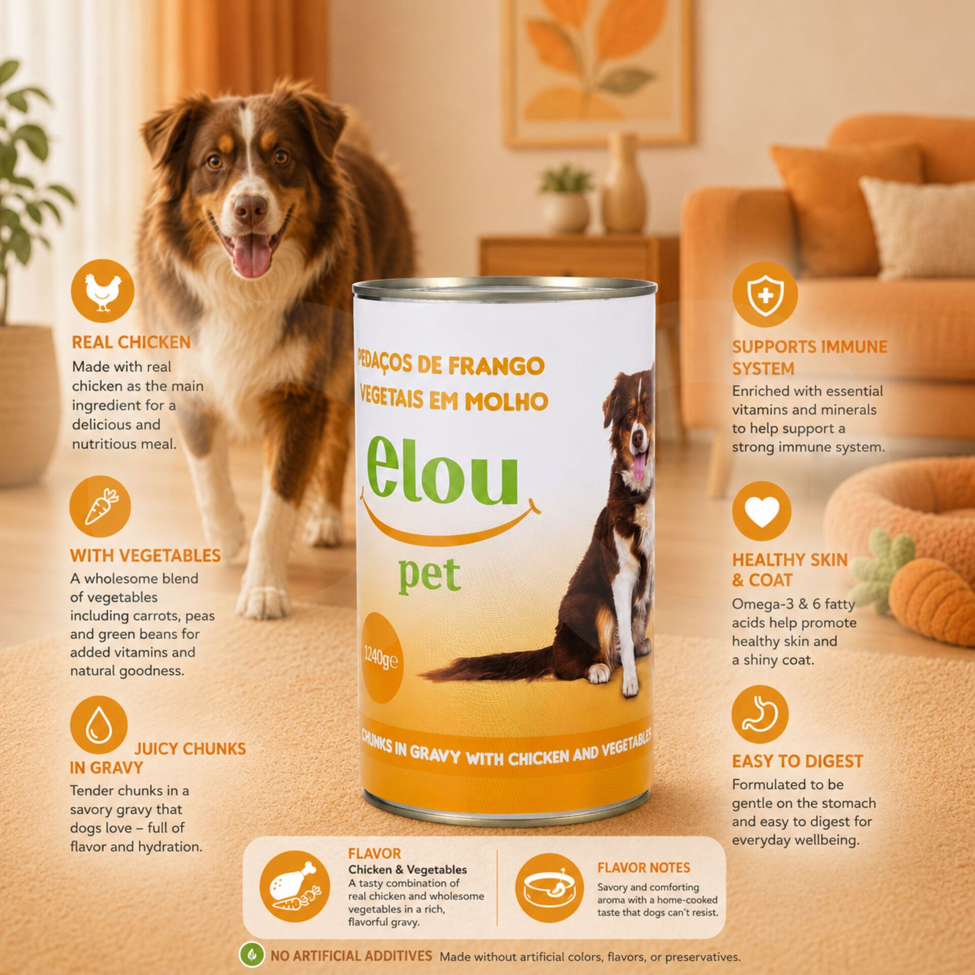 ELOU PET® Cão Pedaços de Frango e Vegetais em Molho 1240g