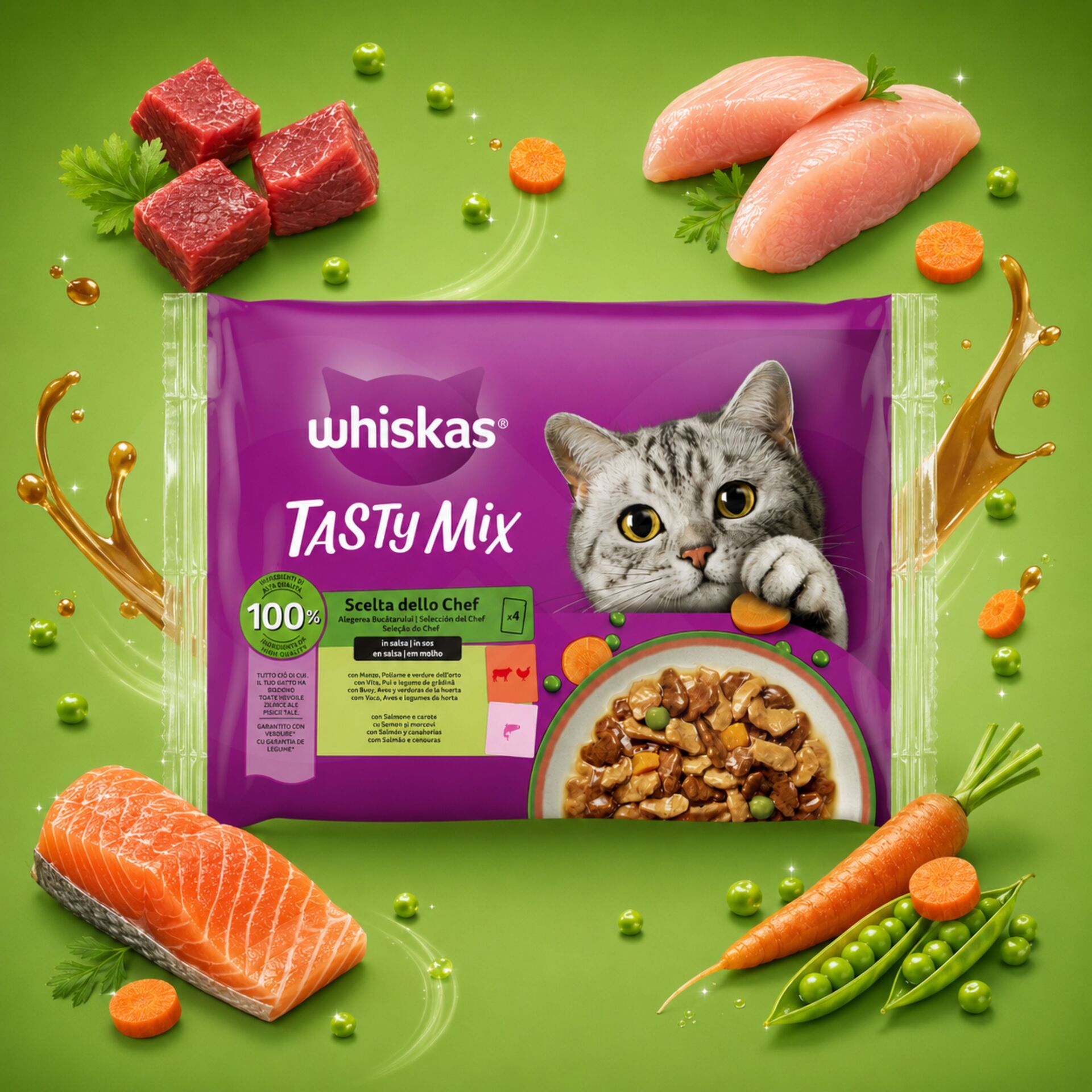 WHISKAS® Alimento Umido Tasty Mix Selezione dello Chef 4x85g