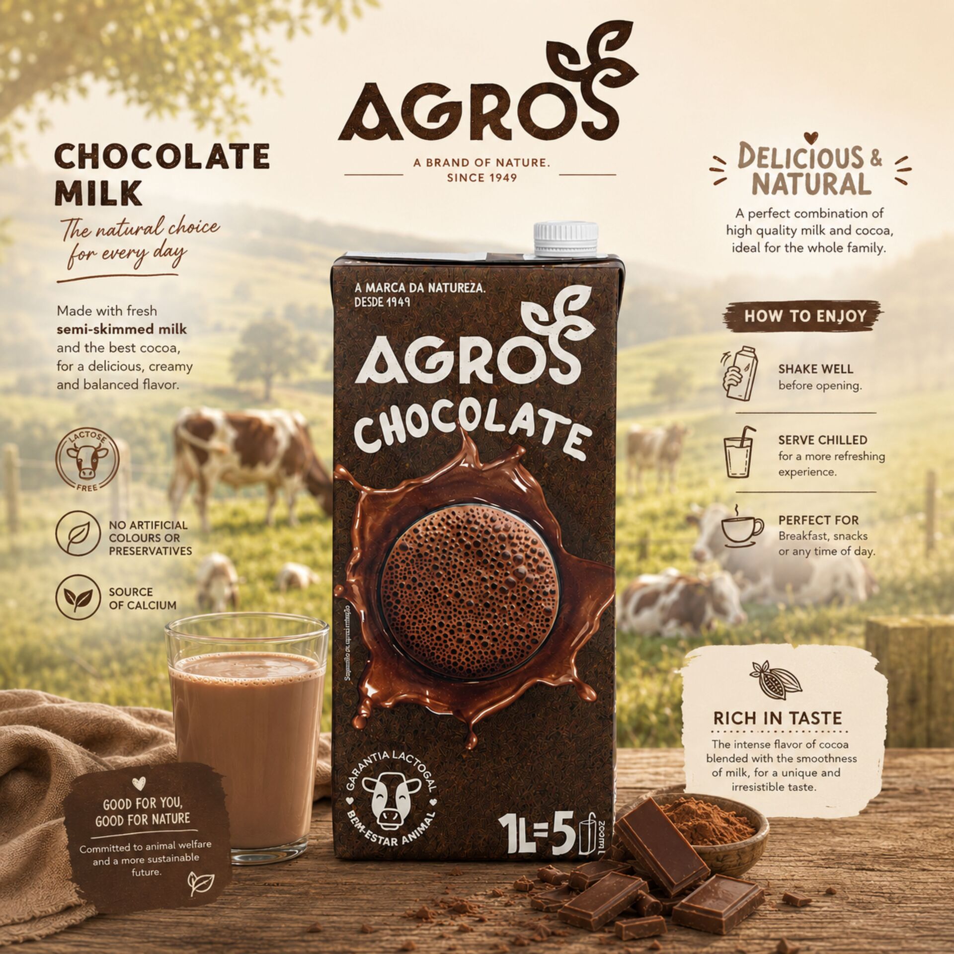 AGROS® Leche Semidesnatada con Chocolate 1L