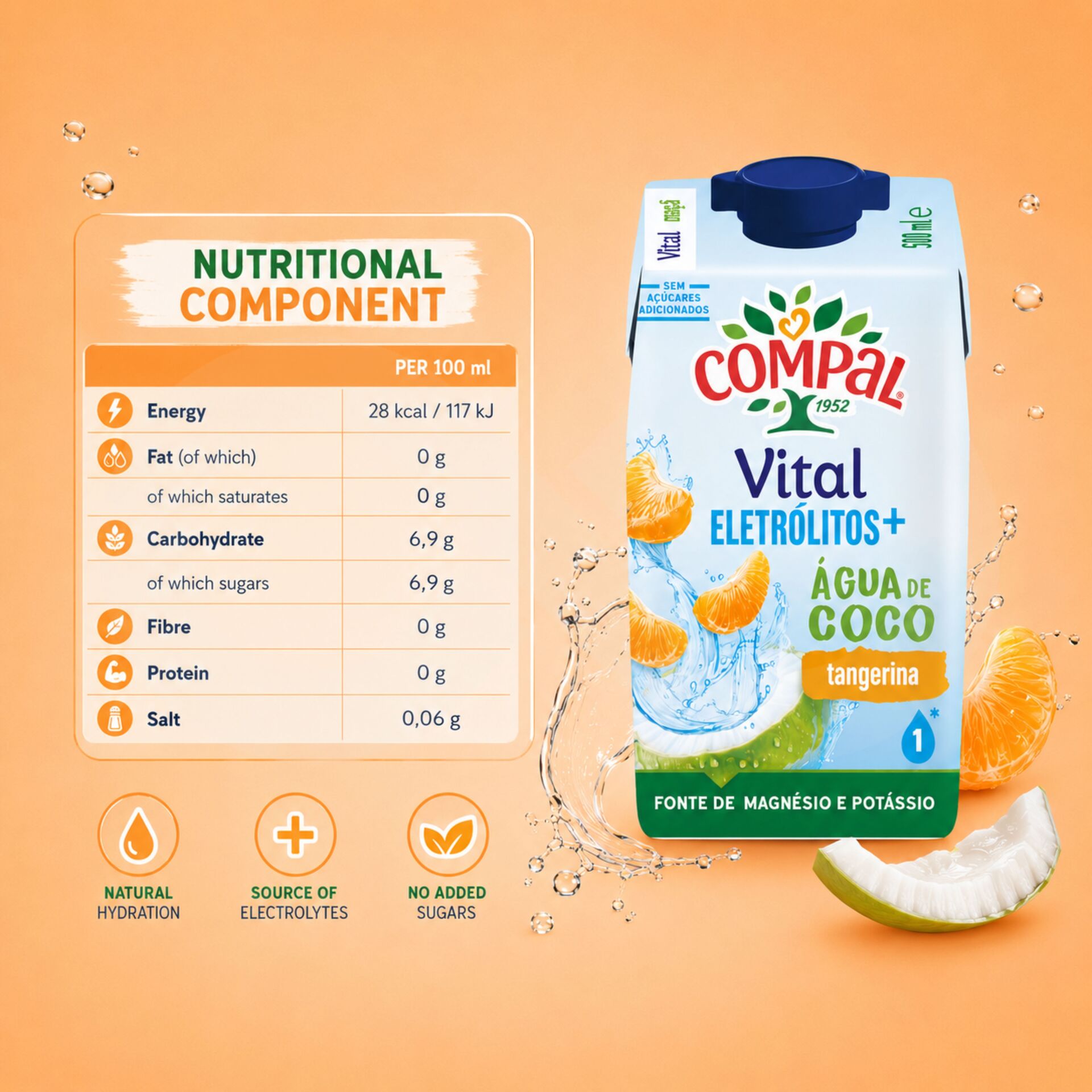 COMPAL® Vital Água de Coco Tangerina 500ml