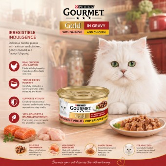 PURINA® Gourmet Gold Trozos de Salmón y Pollo 85g