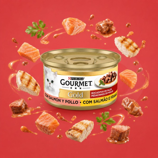 PURINA® Gourmet Gold Trozos de Salmón y Pollo 85g