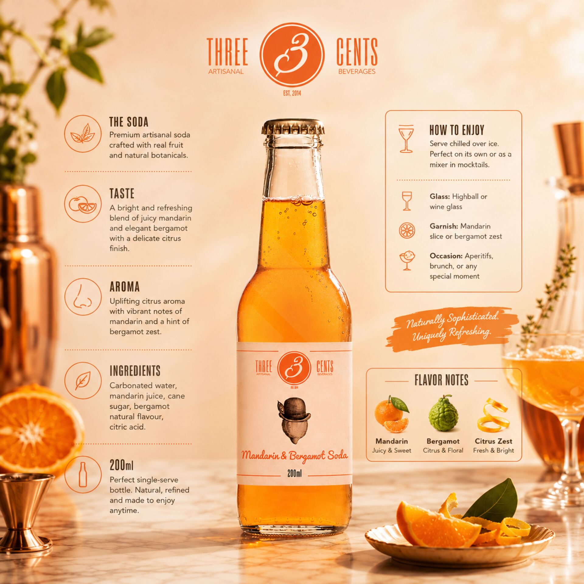 THREE CENTS® Mandarin & Bergamot Soda 200ml
