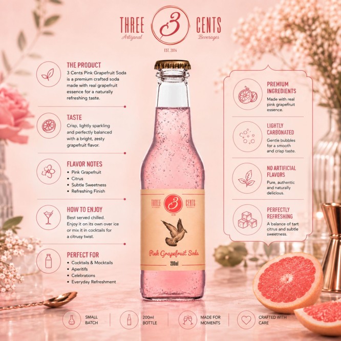 THREE CENTS® Pink Grapefruit Soda 200ml