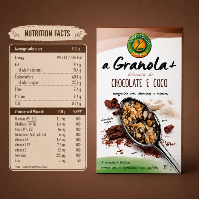 CEM POR CENTO® Granola+ Chocolate e Coco 350g