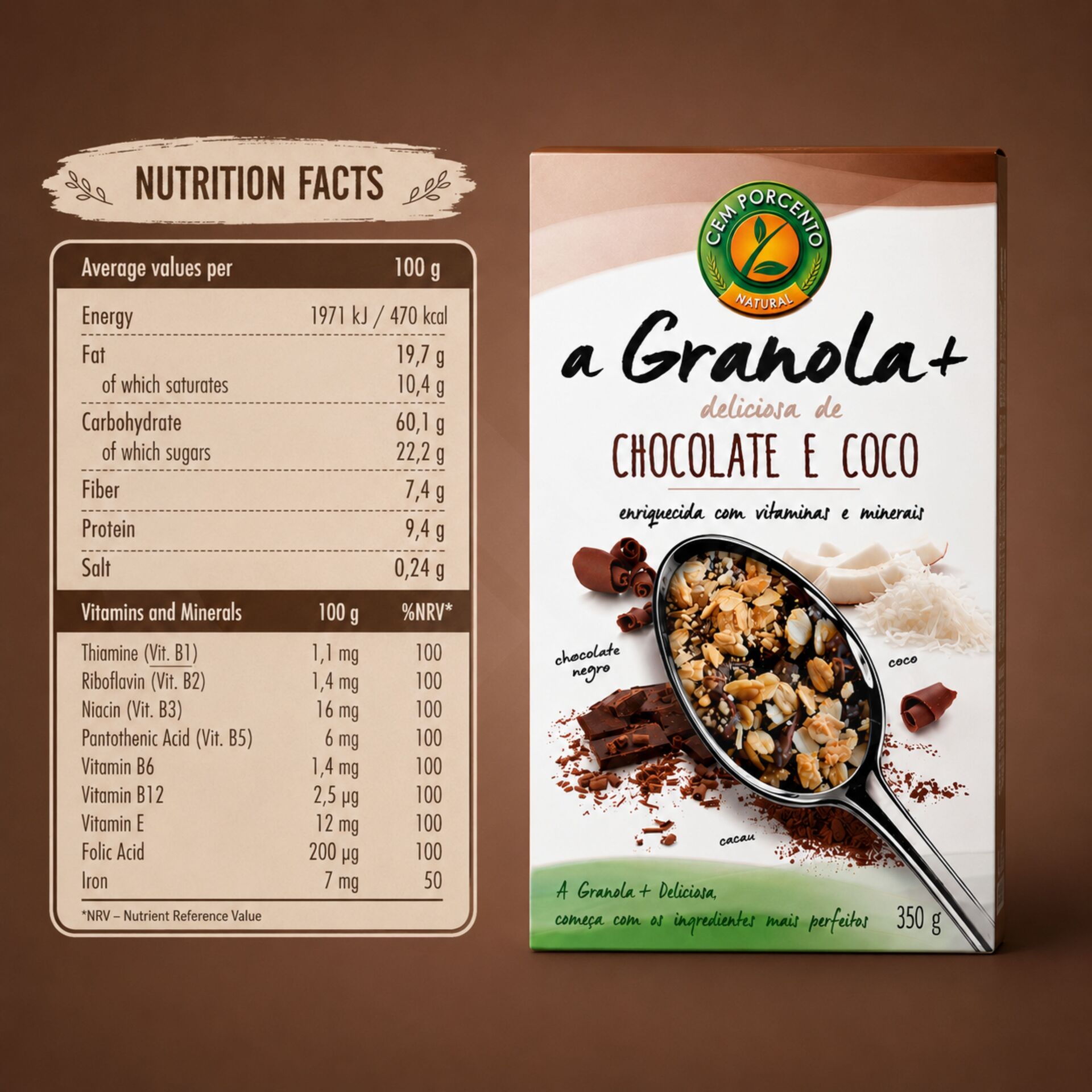CEM POR CENTO® Granola+ Chocolate e Coco 350g