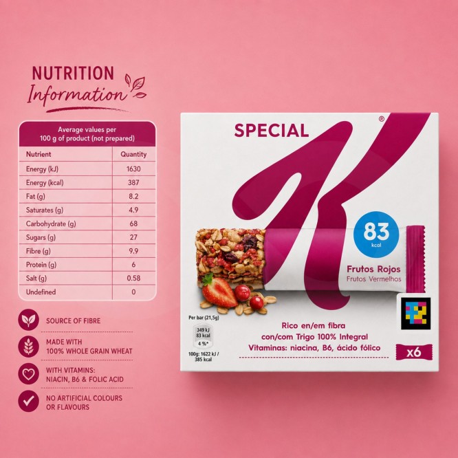 KELLOGGS� Barras de Cereais Frutos Vermelhos 6x21,5gr