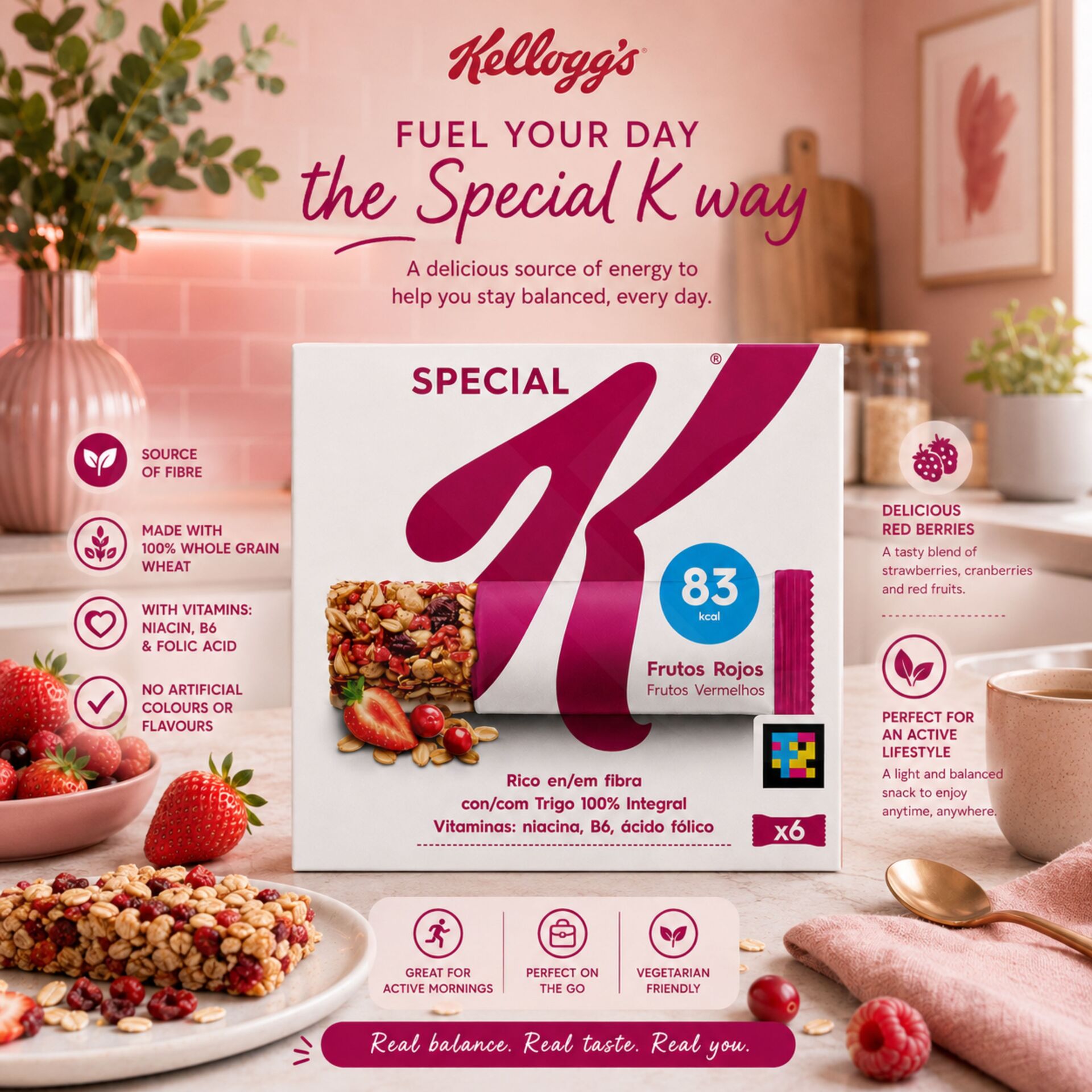 KELLOGGS® Barras de Cereais Frutos Vermelhos 6x21,5gr