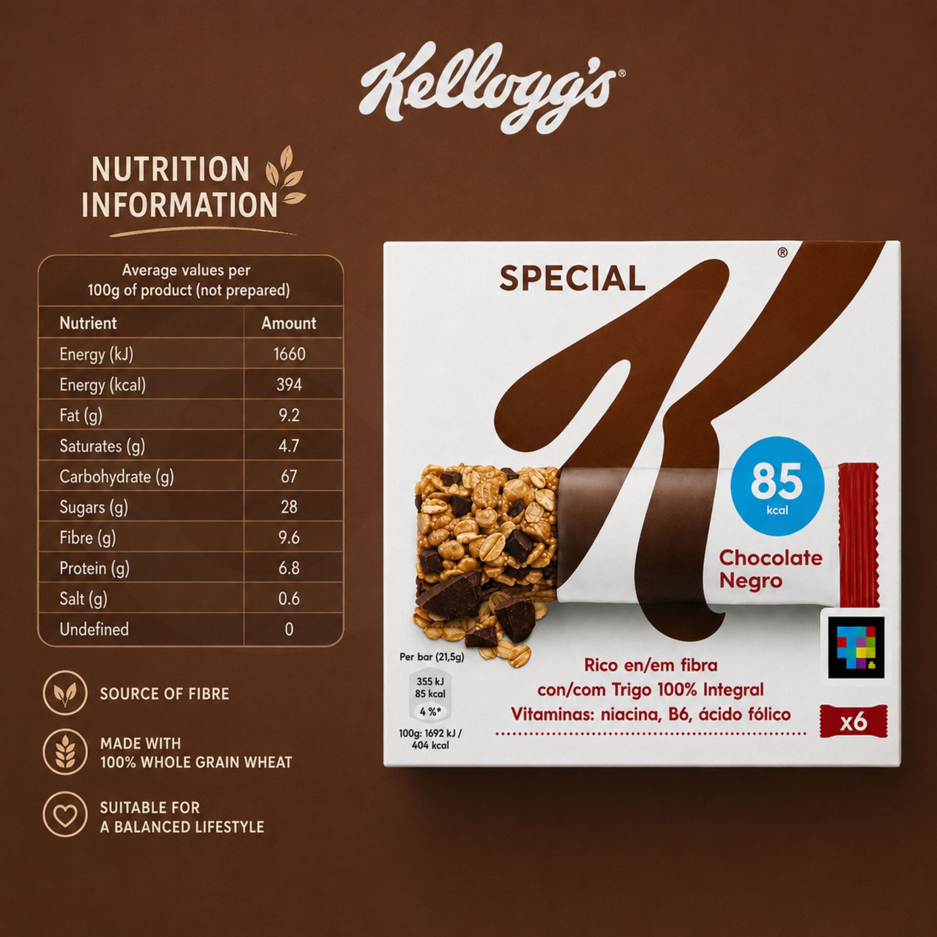 KELLOGGS® Barras de Cereais Chocolate 6x21,5gr