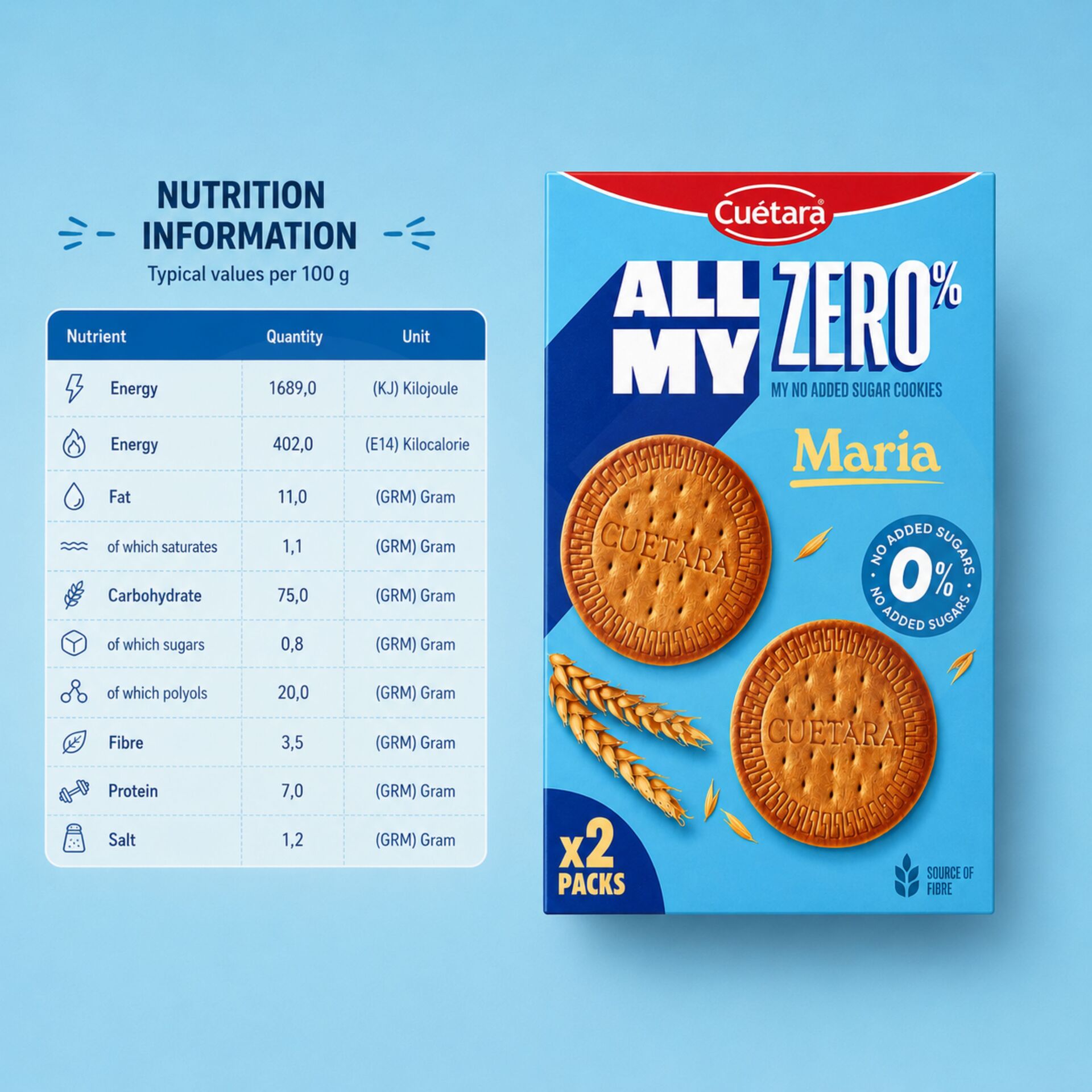 CUÉTARA® Galletas María 0% Azúcar 2x200gr
