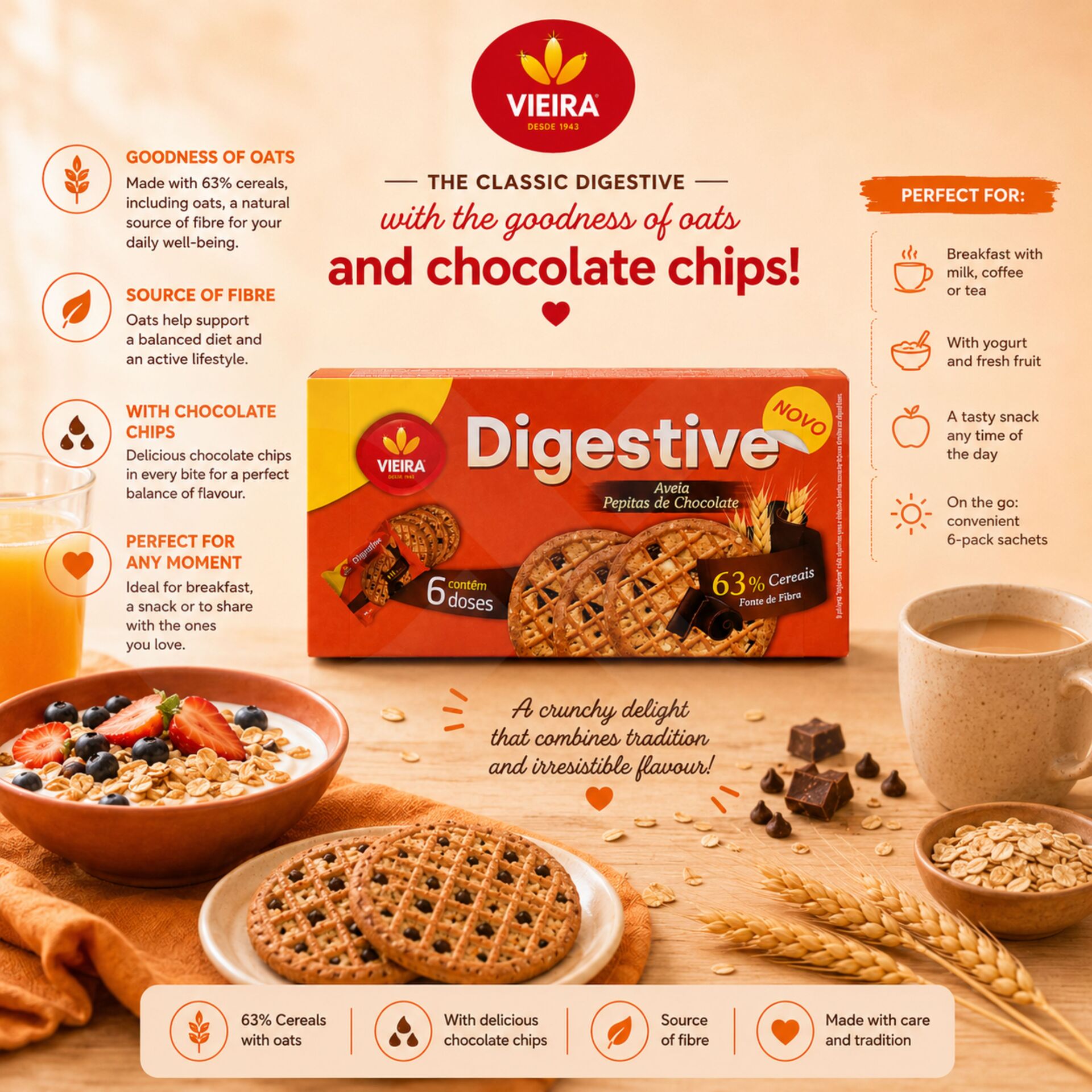 VIEIRA® Biscuits Digestifs à l'Avoine et au Chocolat 6x45gr