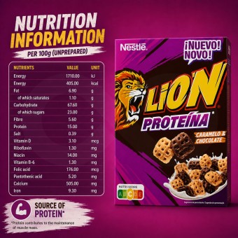 LION® Cereales Proteína Caramelo y Chocolate 340gr