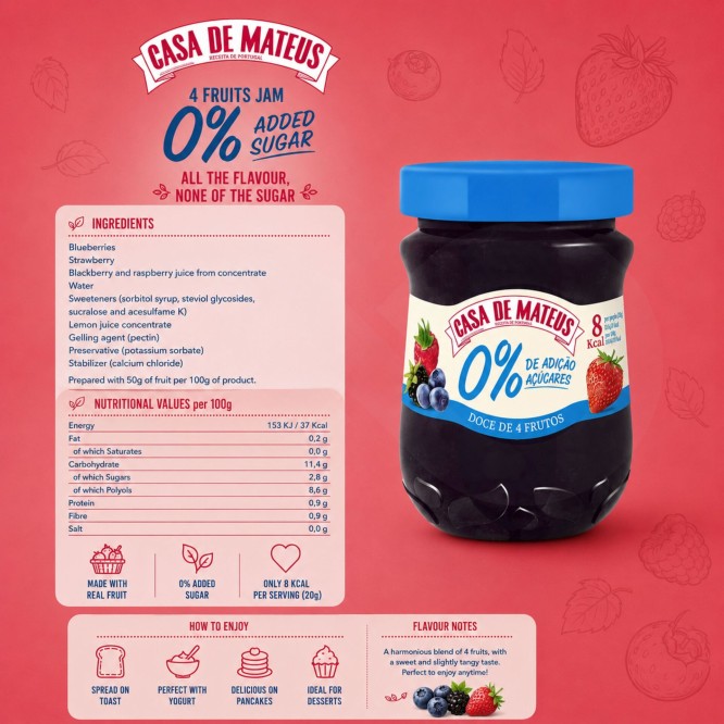 CASA DE MATEUSŪ 4 Fruit Jam 0% Sugar 280gr