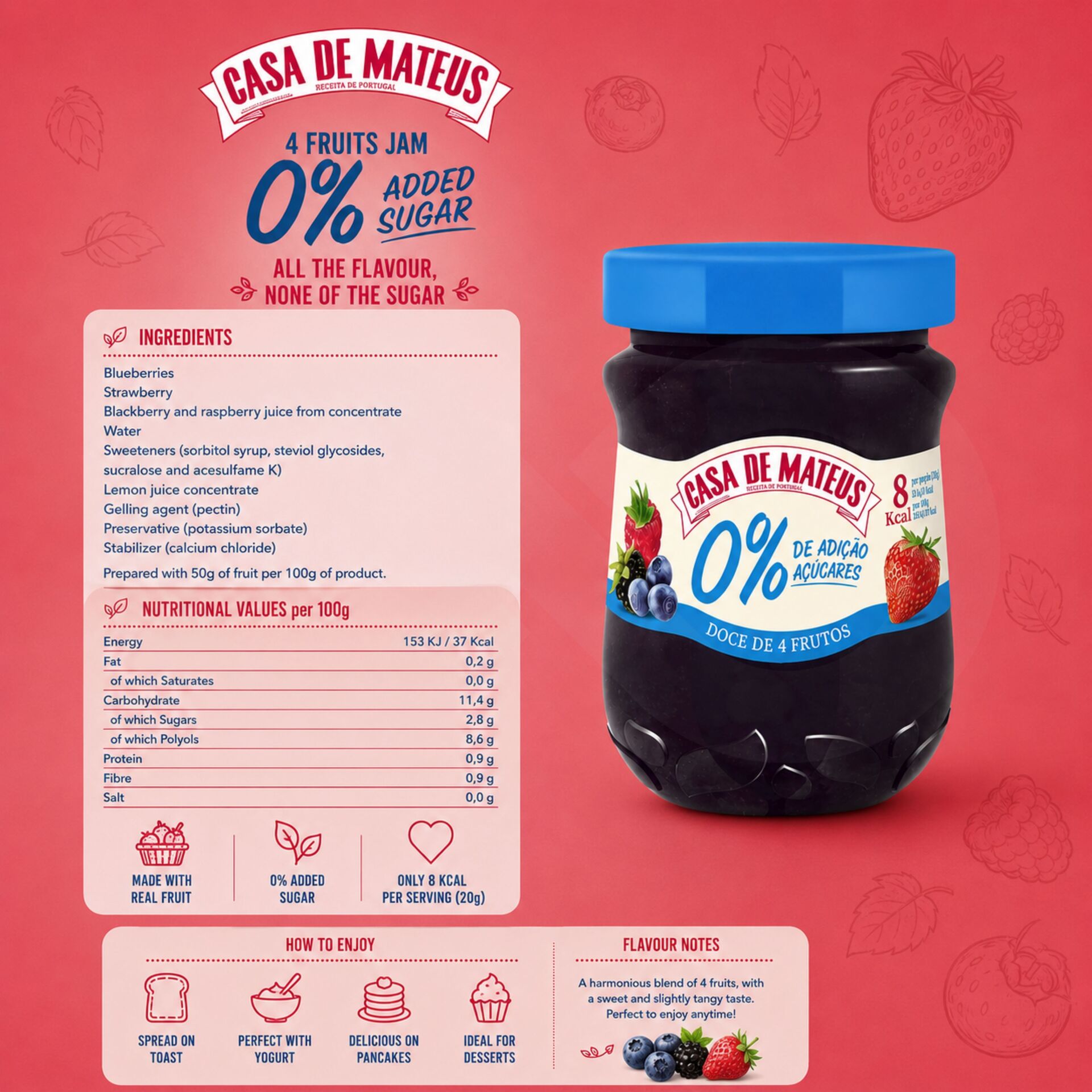 CASA DE MATEUSŪ 4 Fruit Jam 0% Sugar 280gr