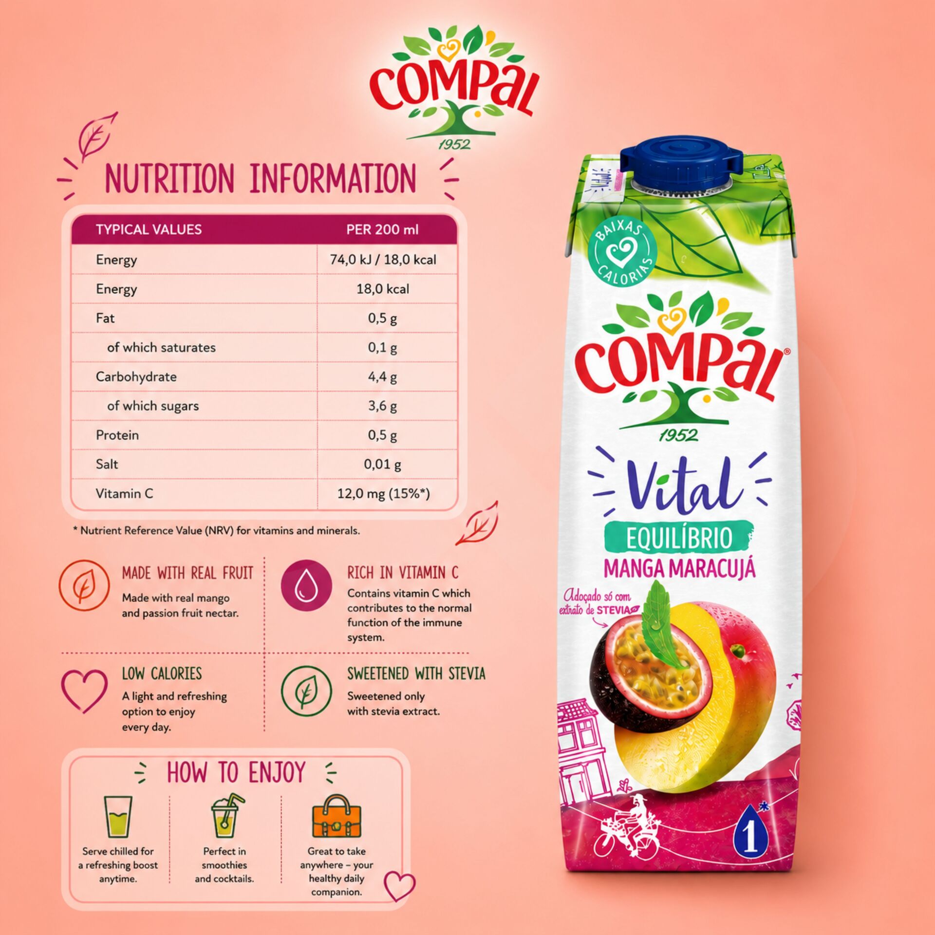 COMPAL® Vital Mangue et Fruit de la Passion 1L