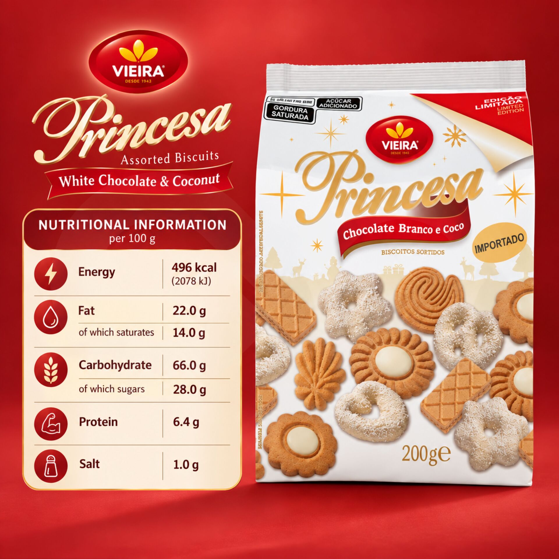 VIEIRA® Biscotti Princesa Cioccolato Bianco e Cocco 200g