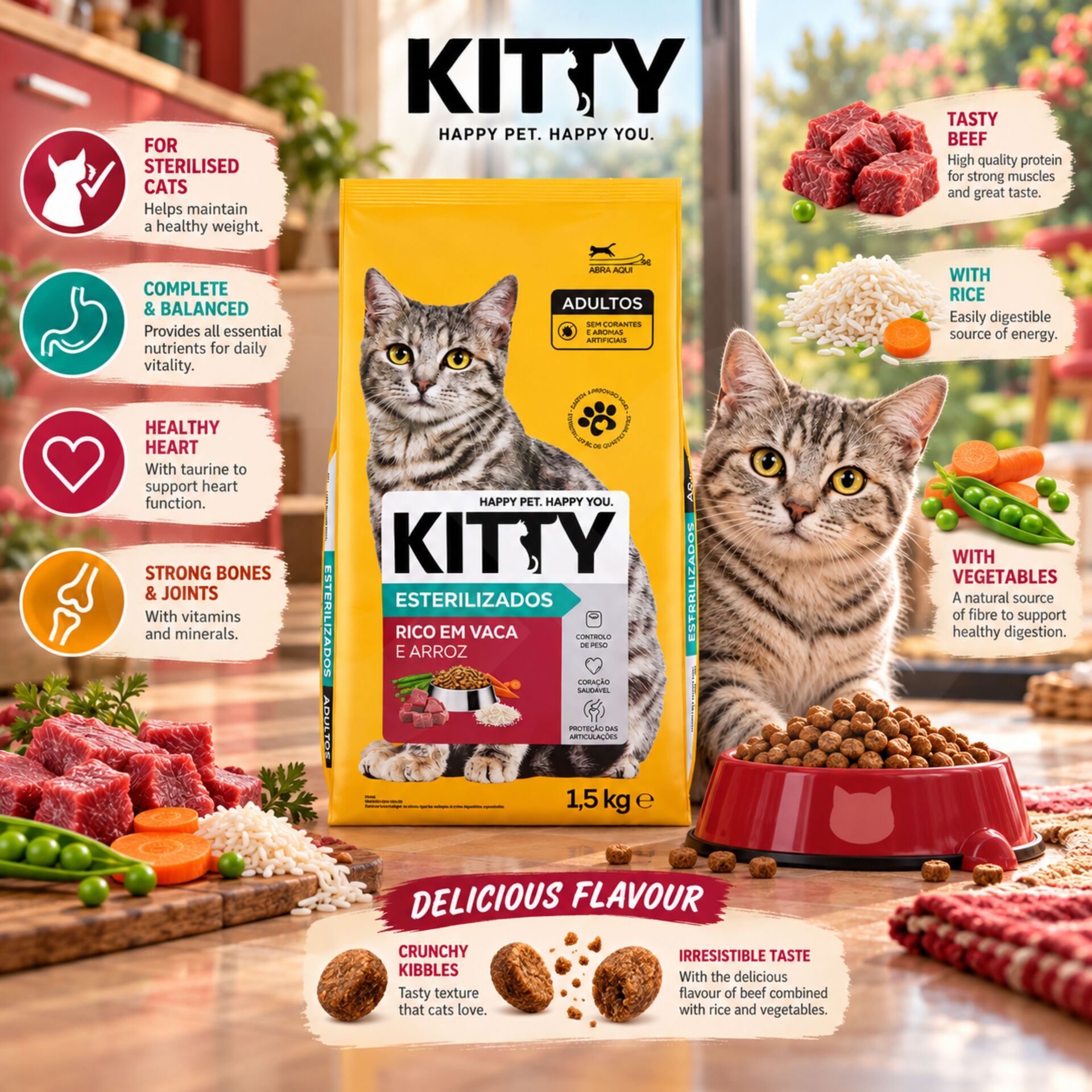 KITTY® Crocchette per Gatti Sterilizzati Ricche di Manzo 1,5