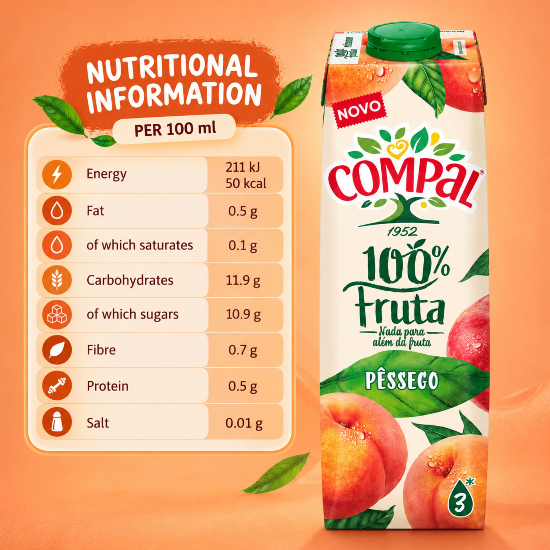 COMPALŪ Peach 100% Fruit 1L
