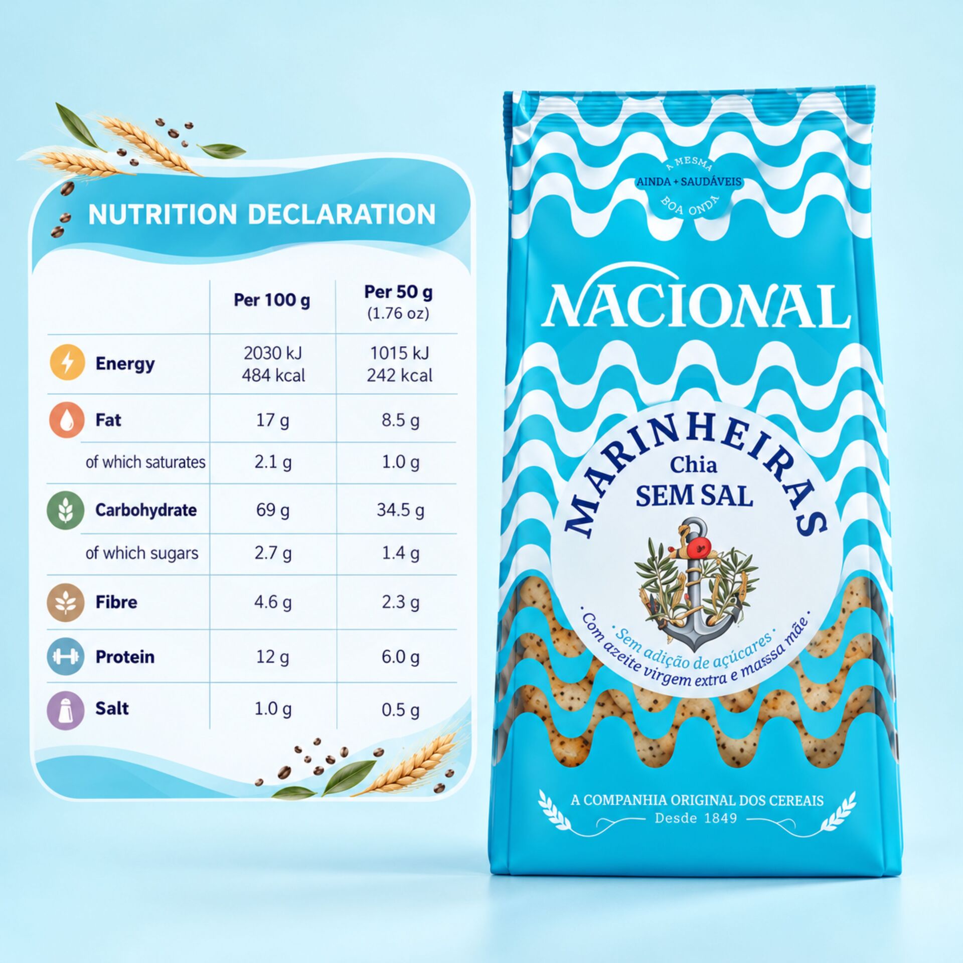 NACIONAL® Galletas Marineras con Chía Sin Sal 200g