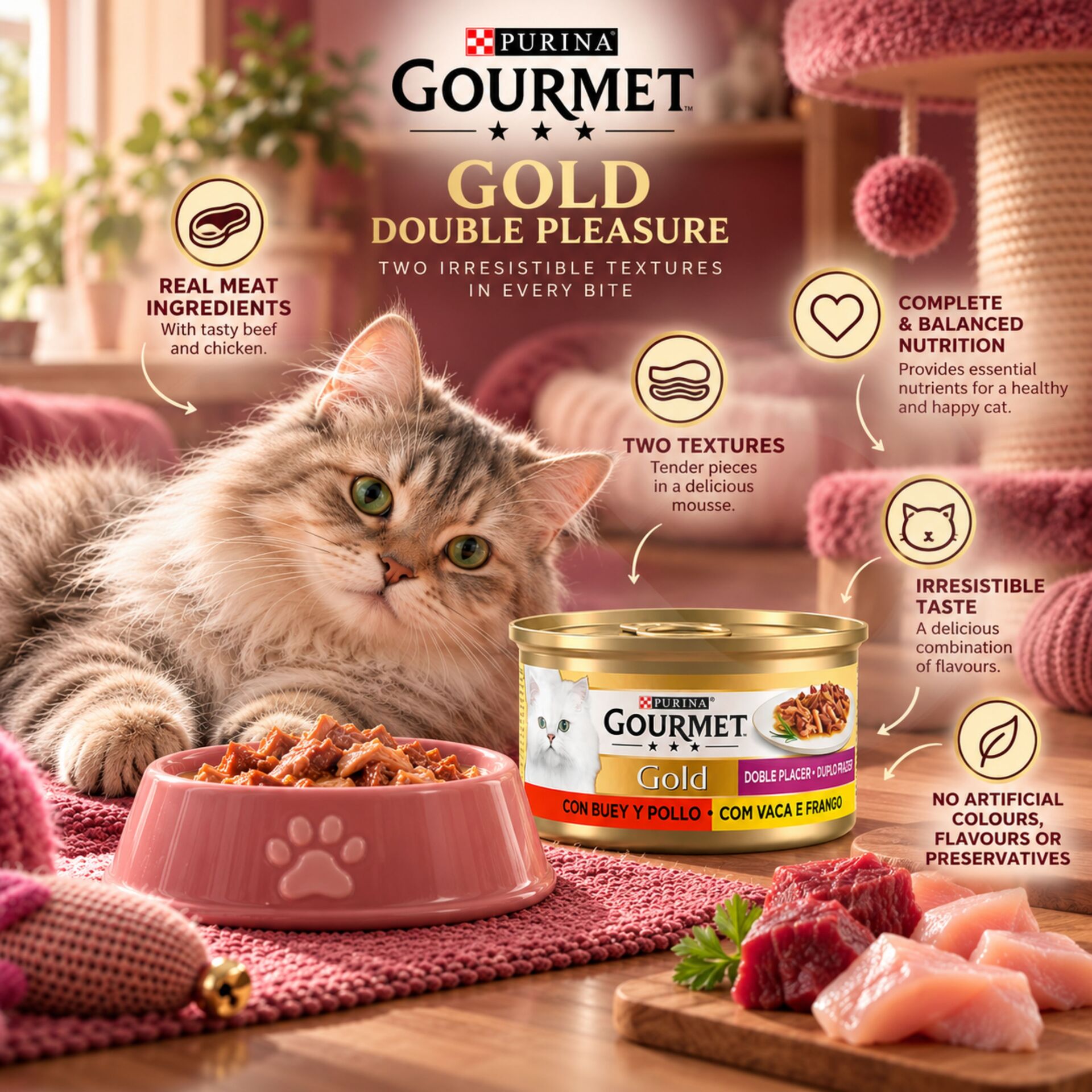 PURINA® Gourmet Gold Doppio Piacere Manzo e Pollo 85g